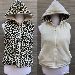 Reversible cheetah print hooded fleece vest